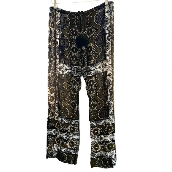 Hale Bob Blue White Boho Wide Leg Pull On Tie Waist Moroccan Print Pants Sz Med - Picture 1 of 6